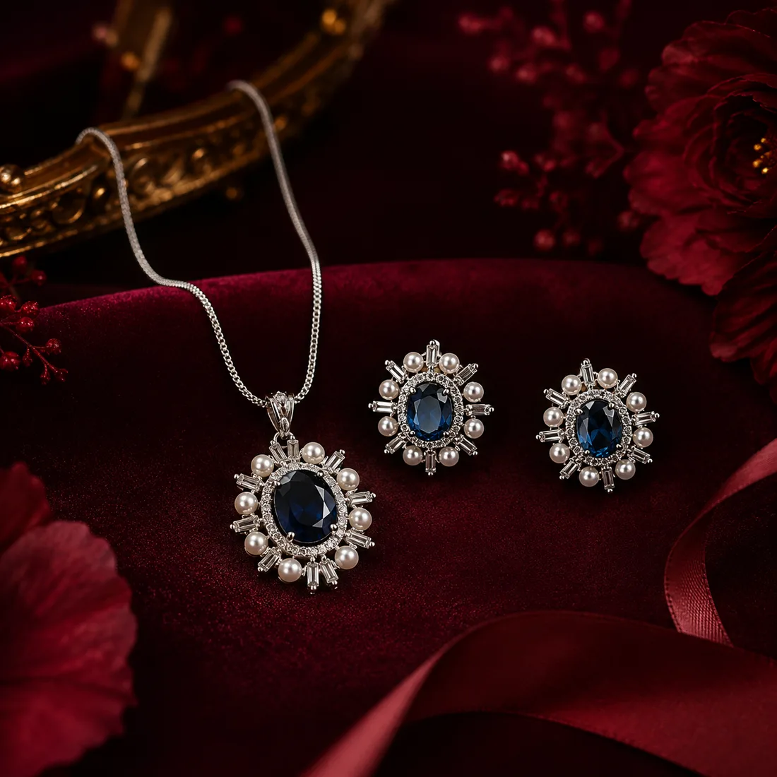 Blue Stone Pendant & Studs Set