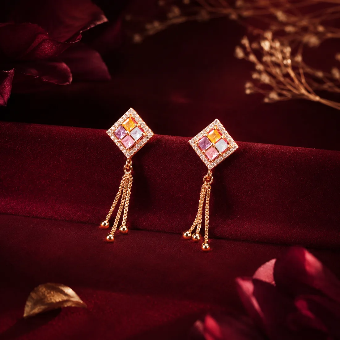 Square Stud Tassel Earrings